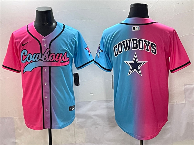 Men's Dallas Cowboys Team Big Logo Pink/Blue Limited Stitched Baseball Jersey